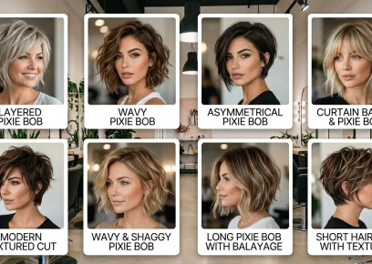 Long pixie bob hairstyles collage with modern layered cuts