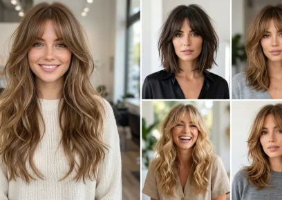 Curtain bangs styled with soft face framing layers and modern hairstyles