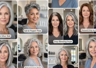 Gray hair guide collage with silver hair and gray coverage ideas