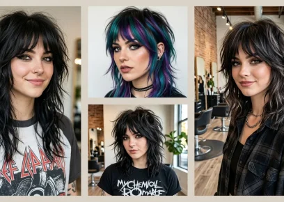 Modern emo shag haircut with choppy layers and soft curtain fringe