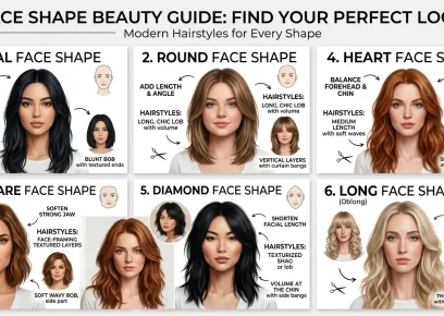 Face shape guide showing oval, round, square, heart, diamond, and long face shapes with flattering hairstyles