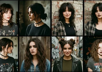 Popular grunge hairstyles featuring shag cuts, curtain bangs, and textured messy styles