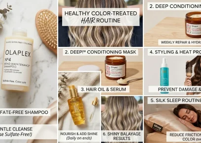 Hair color maintenance guide collage with healthy color-treated hair tips