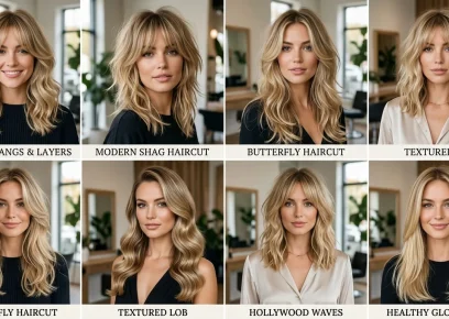 Best hairstyles for square face shapes featuring curtain bangs, soft waves, and layered haircuts