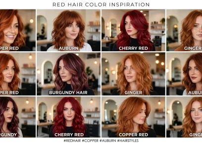 Red hair color ideas collage with copper, auburn, and burgundy shades
