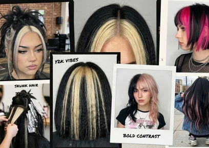 Y2K skunk hair ideas collage with bold chunky contrast hair colors