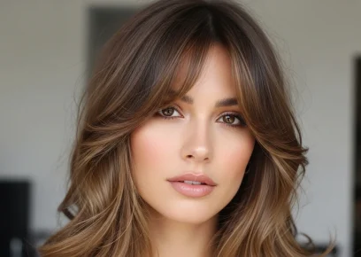 Long wolf cut with curtain bangs, soft layered feminine hairstyle, face framing haircut for long hair, modern wolf cut style