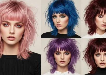 Wolf cut hairstyles with colored bangs collage featuring pink blue purple and burgundy fringe ideas