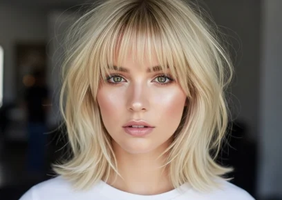 Blonde wolf cut with bangs hairstyle showing layered volume and soft texture