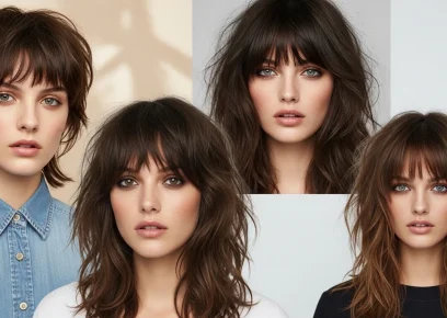 Shaggy wolf cut with bangs hairstyle collage featuring short, medium, and long textured layered hair ideas