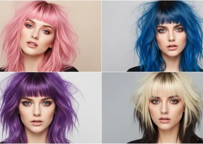 Wolf cut hairstyles with colored bangs collage featuring pink, blue, purple, and blonde fringe ideas