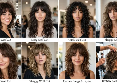 Wolf cut hairstyles collage with trendy layered textured cuts