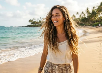 Beautiful beach hairstyle with effortless waves and braided details at a sunny beach.