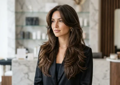 Woman with long voluminous butterfly haircut and face-framing layers