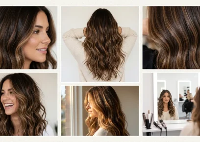 California brunette hair ideas collage with soft balayage and beachy waves