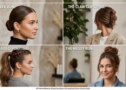 Hairstyles for greasy hair collage featuring buns braids and ponytails