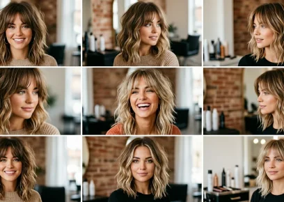 Shaggy lob haircuts collage showing textured long bob hairstyles with layers and bangs