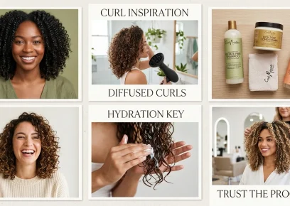 Curly hair care routine collage with healthy defined curls