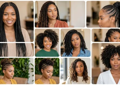 Natural hair protective styles collage with braids twists and healthy curls