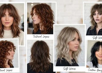 Medium shag haircuts collage with layered medium hairstyles and curtain bangs
