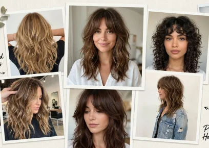 Long shag haircuts collage featuring layered hairstyles with soft texture and movement