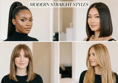 Straight hair hairstyles collage with sleek elegant modern looks