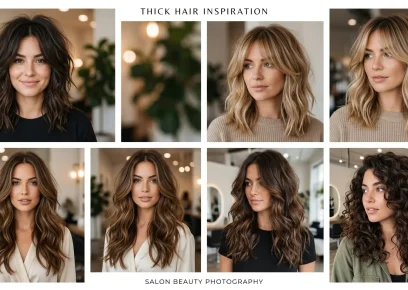 Thick hair hairstyles collage with layered cuts and soft volume control