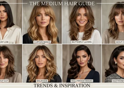 Women with trendy medium-length hairstyles including layered cuts, lobs, curtain bangs, and soft waves.