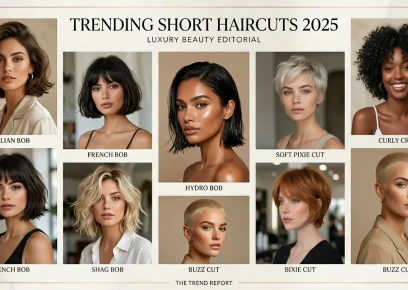 Women with trendy short haircuts in 2025 including pixie cuts, bob hairstyles, and modern short hair trends.