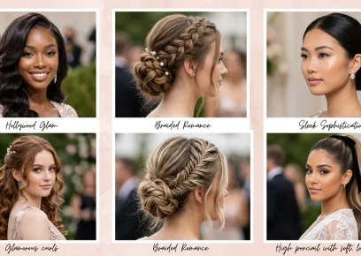 Elegant prom hairstyles collage featuring waves buns braids and curls