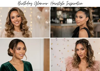 Birthday hairstyles collage showing glamorous and effortless party hair ideas
